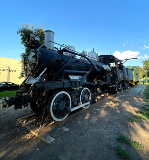 A vintage steam locomotive parked on a gravel path, surrounded by greenery and blue sky.