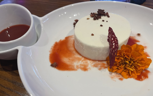 A creamy dessert on a plate, garnished with a flower, chocolate shavings, and a side of red sauce.