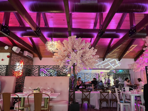A stylish restaurant interior with pink lighting, wooden beams, and decorative cherry blossom trees.