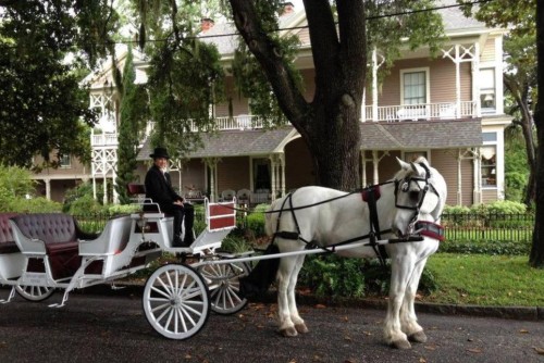 A horse-drawn carriage with a driver in formal attire parked in front of a large, elegant house surrounded by trees.