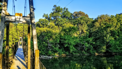 A suspension bridge spans a river, surrounded by lush green trees under a clear blue sky.