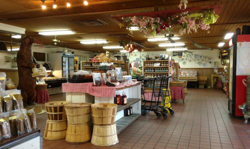 A cozy store interior with wooden shelves, jars of goods, and a bear statue, featuring a floral display overhead.