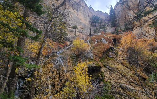 A scenic view of a rocky landscape with waterfalls and vibrant autumn foliage among trees.