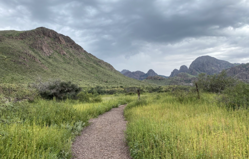 A winding dirt path through lush green grass, surrounded by mountains under a cloudy sky.
