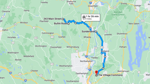 Map showing a route from 343 Main Street to The Village Commons, highlighting a 1 hour 26 minute drive over 50 miles.