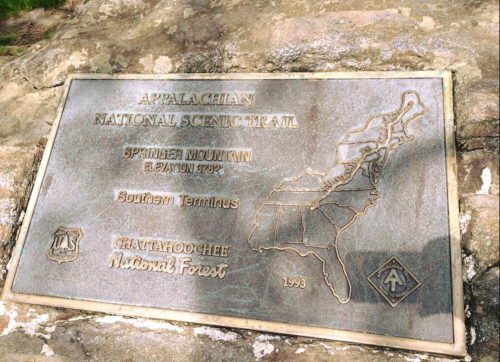 Plaque marking the southern terminus of the Appalachian National Scenic Trail at Springer Mountain, Chattahoochee National Forest.