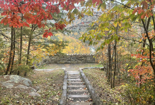 A wooden staircase leads down through colorful autumn foliage to a stone wall overlooking a valley.