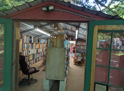 A cozy outdoor library with bookshelves, a chair, and natural light filtering through the roof.