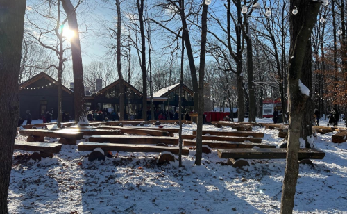 A snowy outdoor area with wooden benches and a building in the background, surrounded by trees and sunlight.