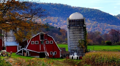 A red barn and silo surrounded by autumn foliage and rolling hills under a clear blue sky.