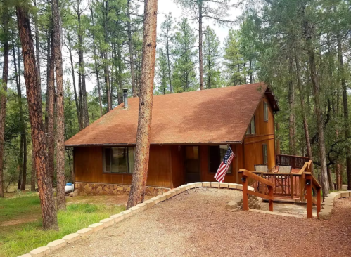 A rustic cabin surrounded by tall pine trees, featuring a wooden deck and an American flag.