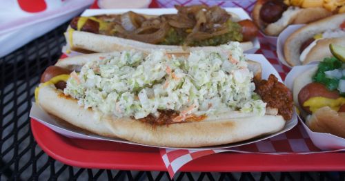 Close up of slaw hot dogs in West Virginia at a drive-in