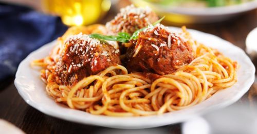 close up of a plate of spaghetti and meatballs at an Ialitan restaurant like Pete's Place in Oklahoma