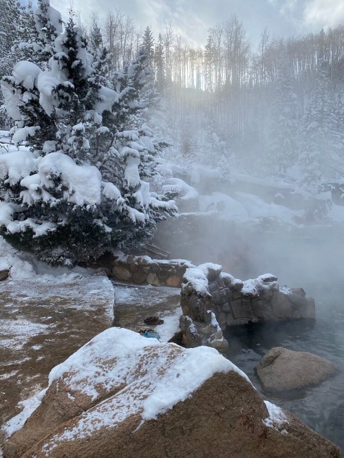 A serene winter scene with snow-covered trees and a steaming hot spring surrounded by rocky terrain.