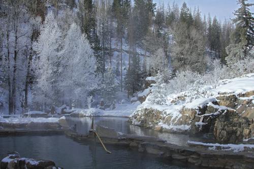 A serene winter landscape featuring a steaming hot spring surrounded by snow-covered trees and rocky terrain.