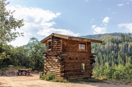 A rustic log cabin with a sloped roof, surrounded by trees and a picnic table nearby, set against a mountainous backdrop.