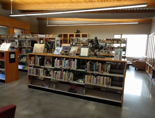 A library interior featuring bookshelves, a statue, and natural light from large windows.