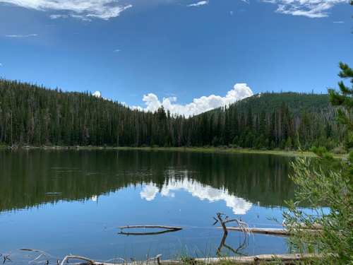A serene lake surrounded by trees, reflecting clouds and mountains under a clear blue sky.