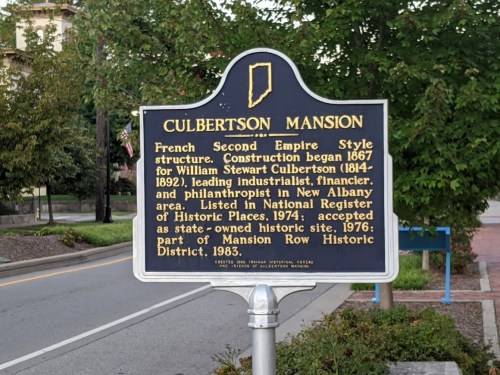 Historical marker for Culbertson Mansion, detailing its construction and significance in New Albany, Indiana.