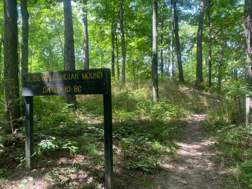 Sign for Glide Well Indian Mound, dated 10 BC, surrounded by lush green trees and a dirt path in a forested area.