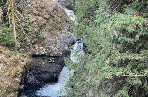 A serene waterfall cascading over rocks, surrounded by lush green trees and rugged terrain.