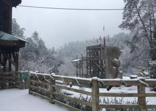 Snow-covered landscape with a climbing wall and trees in the background, creating a serene winter scene.