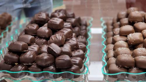 A display of assorted chocolate candies, some with a glossy finish and others sprinkled with salt, arranged in trays.
