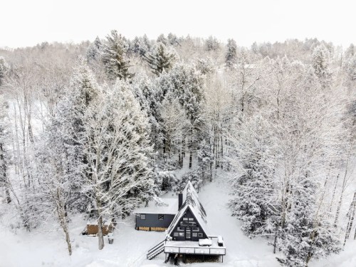 A snowy landscape featuring an A-frame cabin surrounded by tall trees, creating a serene winter scene.