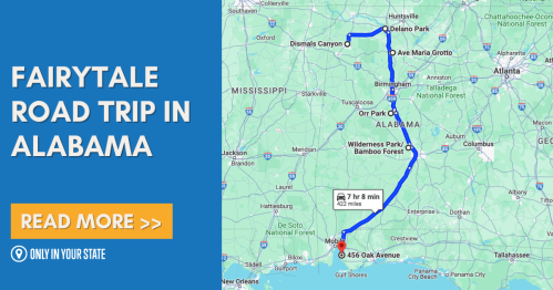 Map showing a route for a fairytale road trip in Alabama, highlighting key locations and travel time.