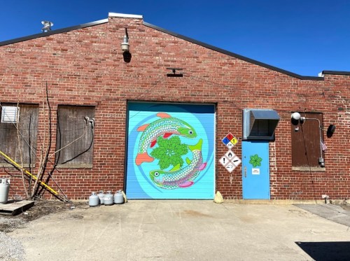 A colorful mural of fish on a blue garage door of a brick building, with a clear blue sky above.