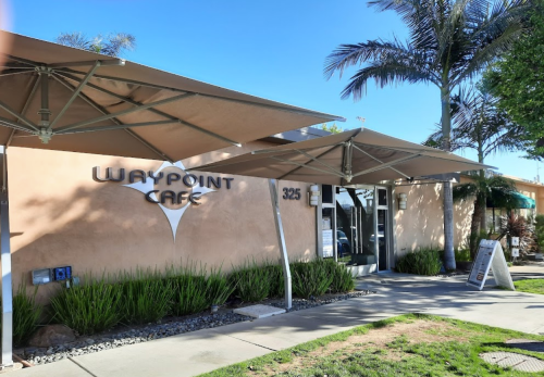Exterior of Waypoint Cafe with large umbrellas, palm trees, and a sign displaying the cafe's name and address.