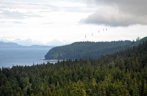 A scenic view of a forested coastline with mountains in the background and gondolas traversing the landscape.