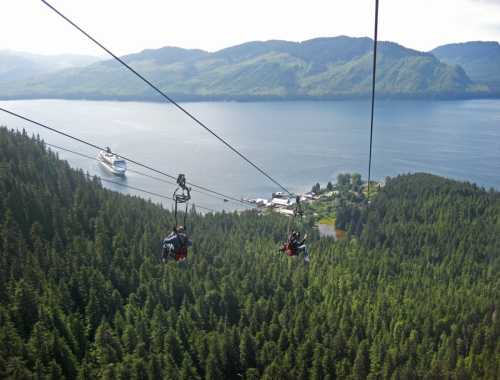 Two people on a zip line above a lush forest, overlooking a bay with a cruise ship and mountains in the background.