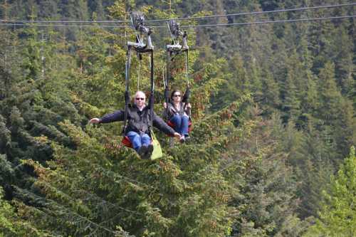 Two people on a zip line above a forest, enjoying the view surrounded by tall trees.