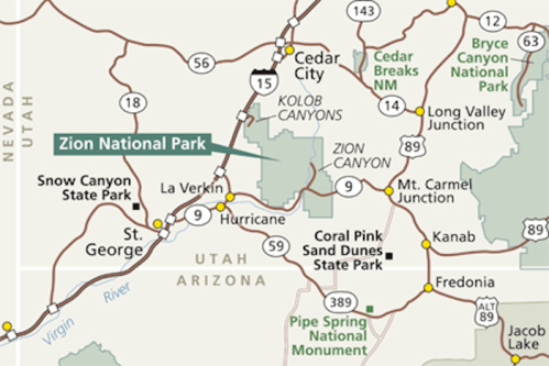 Map showing Zion National Park and surrounding areas, including Cedar City, St. George, and nearby state parks.