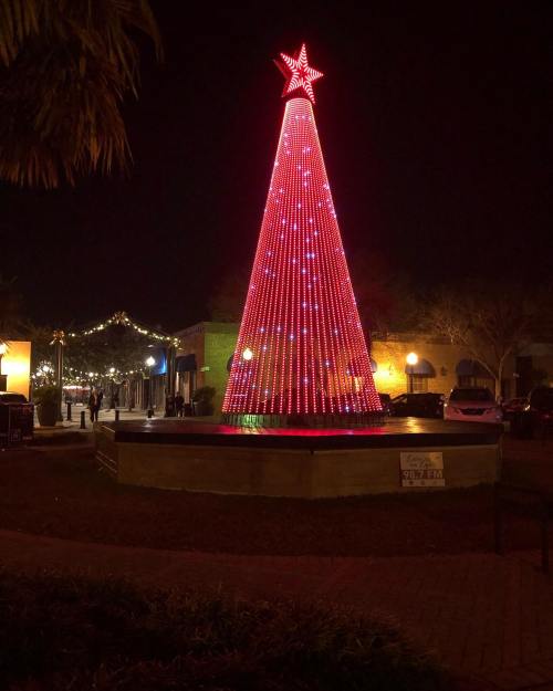 A brightly lit Christmas tree with a star on top, surrounded by festive decorations at night.