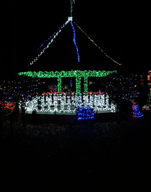 A brightly lit gazebo surrounded by colorful holiday lights at night.