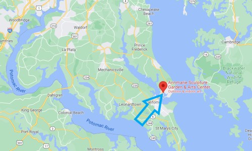 Map showing the location of Annmarie Sculpture Garden & Arts Center near Solomons, Maryland, with nearby landmarks.