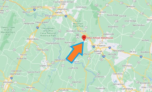 Map highlighting the location of Deb's Artisan Bakehouse with an arrow pointing to it.