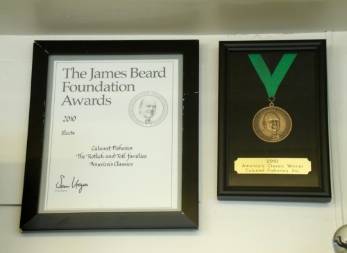 Framed James Beard Foundation Awards certificate and medal for Calumet Fisheries, 2010 America's Classic Winner.