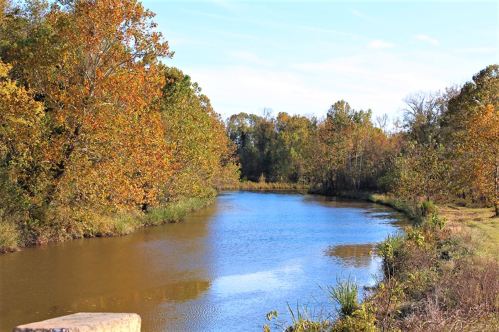 A serene river surrounded by trees with autumn foliage under a clear blue sky.
