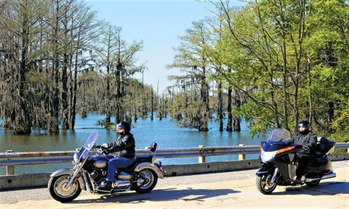 Two motorcyclists in leather jackets parked on a road beside a serene lake with cypress trees and clear blue skies.