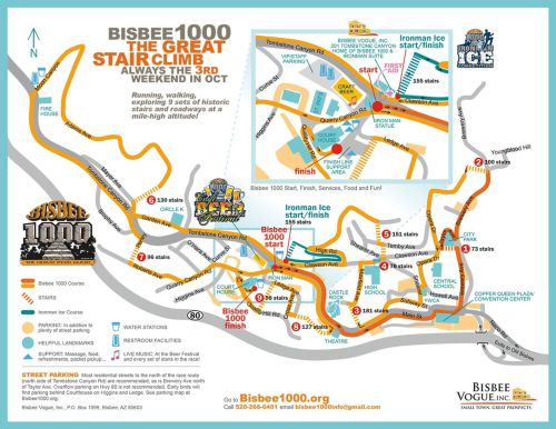 Map of the Bisbee 1000 Great Stair Climb route, highlighting start, finish, and key locations in Bisbee, Arizona.