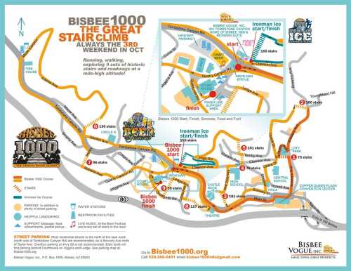 Map of the Bisbee 1000 Great Stair Climb route, highlighting start, finish, and key locations in Bisbee, Arizona.