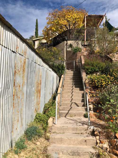 A set of concrete stairs leads up a hillside, flanked by a rusty metal wall and greenery. Autumn leaves are visible above.