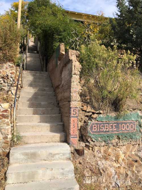 A steep concrete staircase leads up a hillside, flanked by greenery and stone walls, with a sign reading "Bisbee 1000."