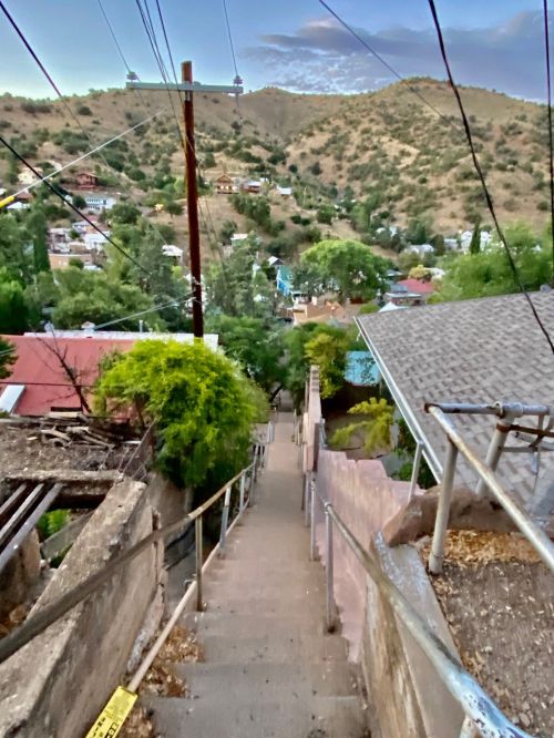 A steep staircase leads down through a hillside neighborhood, surrounded by greenery and distant mountains.