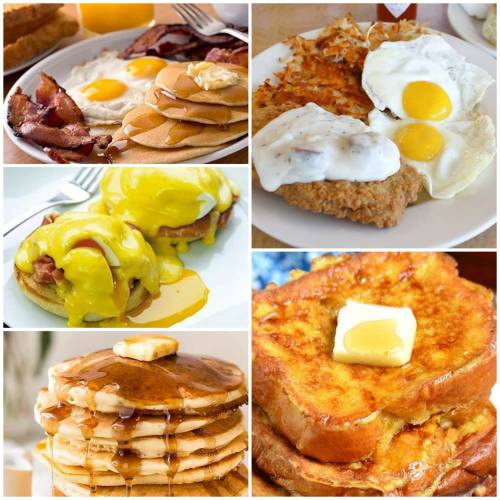 A collage of breakfast dishes including pancakes, eggs, bacon, and French toast with butter and syrup.