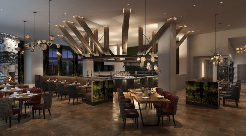 Modern restaurant interior featuring wooden beams, elegant lighting, and stylish seating arrangements.
