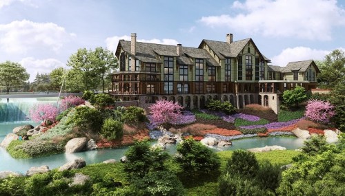 A large, elegant house surrounded by lush gardens, a pond, and blooming trees under a clear blue sky.